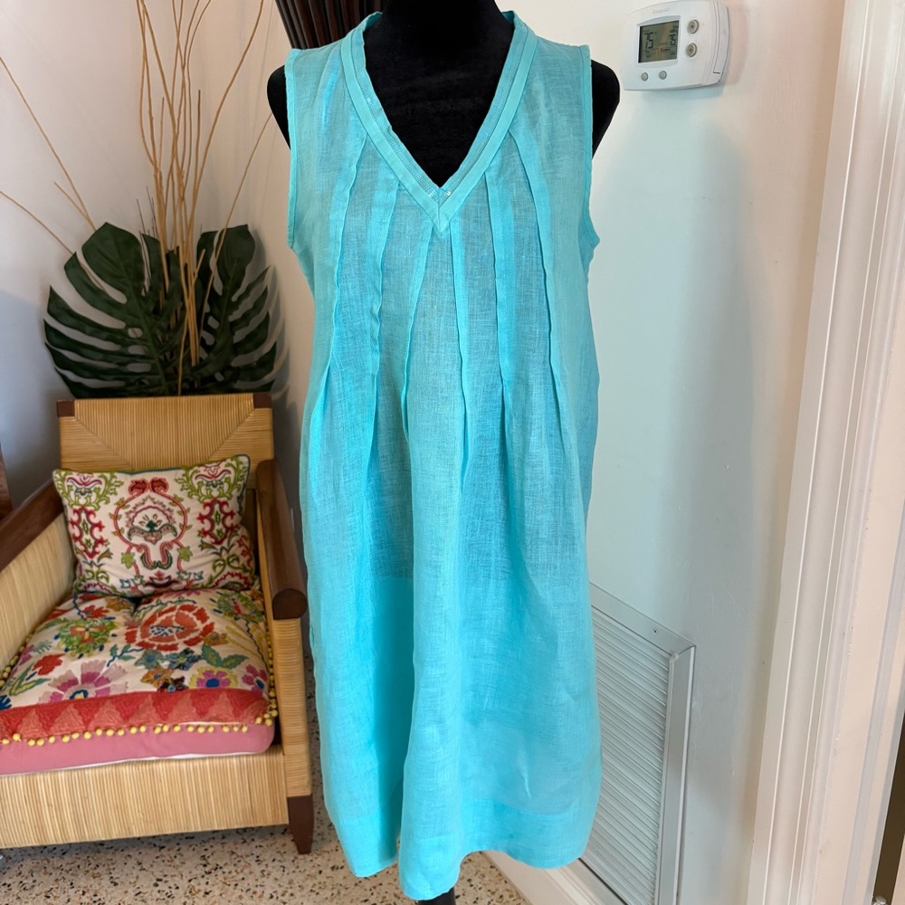 120% LINO Solid Turquoise Sleeveless Dress! Neckline V with Quiet Sequins! Excel